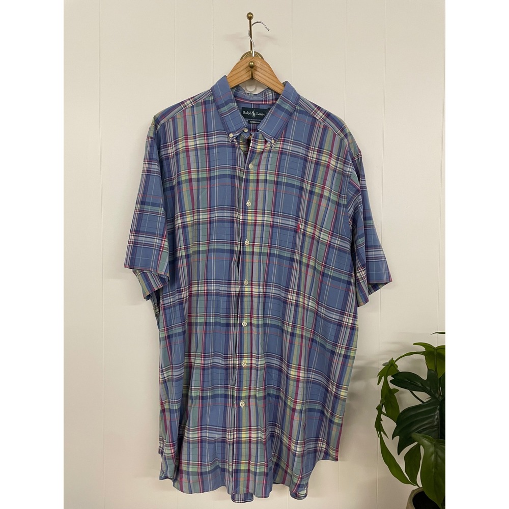 Ralph Lauren Mens 2XLT Short Sleeve Plaid Button Down Shirt Blue Classic Fit